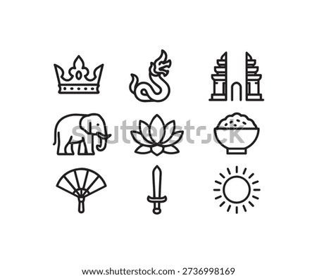 A minimalist icon set of nine traditional Southeast Asian symbols. Includes a crown, naga, elephant, lotus, temple gate, and more in a clean line art style.