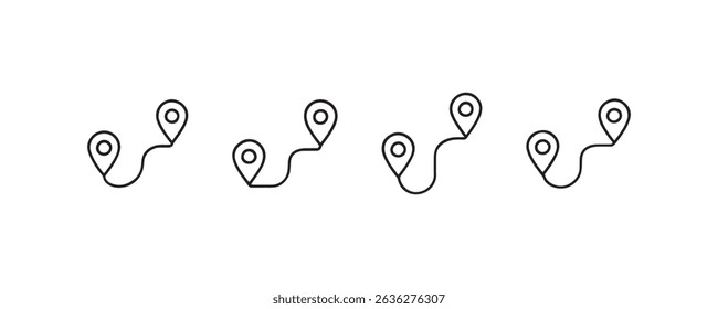 Conjunto de iconos minimalistas de marcadores de mapas de ruta que muestran las rutas de viaje.