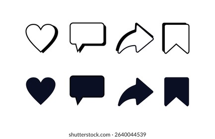 Minimalist icon set for social media interaction including heart (like), chat bubble (comment), arrow (share), and bookmark symbols. Available in outline and solid styles. Ideal for UI UX design.