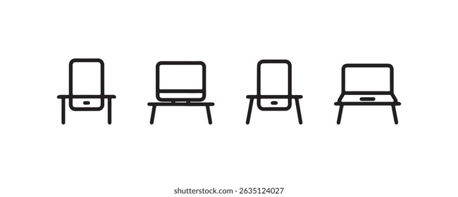 Minimalist icon set of various desk setup configurations and computer types.