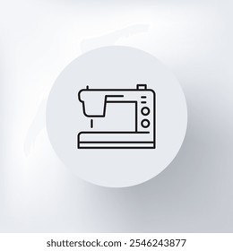 Minimalist icon of a sewing machine in a circle on a light gray background.