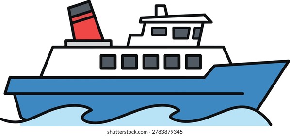 A minimalist icon of a ship, featuring a red and black stack and a simple hull design, conveying maritime themes.