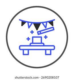 A minimalist icon showcasing a table with a cake, topped with a candle, and a festive banner above, symbolizing a celebration. The clean design and simple shapes create a versatile image suitable