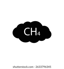 Minimalist icon showing a black cloud with “CH₄” text, representing methane gas. Ideal for use in environmental, climate change, greenhouse gases, or chemical hazard-related illustrations.