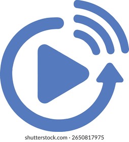 Minimalist icon showing a circular refresh arrow with an embedded play symbol and radiating wireless signal lines, suggesting replay or media synchronization functionality.