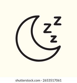 Ícone minimalista mostrando uma lua crescente com símbolos Zzz indicando sono. Simboliza descanso, hora de dormir, sonhos e tranquilidade associados à noite.