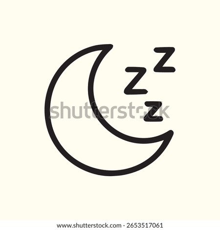 Minimalist icon showing a crescent moon with Zzz symbols indicating sleep. Symbolizes rest, bedtime, dreams, and tranquility associated with night.