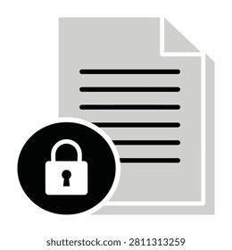 A minimalist icon showing a grey document page paired with a black circular padlock symbol, symbolizing digital security, file encryption, and private information.
