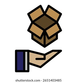 Minimalist icon showing an open hand holding a box, symbolizing delivery, logistics, giving, and care. Simple black outline style suitable for UI, apps, or conceptual packaging themes.