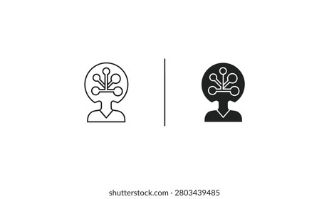 A minimalist icon showing a side-by-side comparison of a human and robot brain network with interconnected nodes, representing cognitive or neural connections.