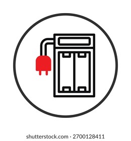 Ícone minimalista mostrando um carregador de bateria estilizado com um plugue, dentro de um círculo. A unidade de carregamento é representada com linhas limpas, enfatizando a energia elétrica e a capacidade de recarregar
