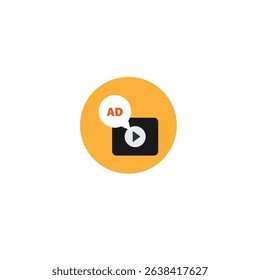 Minimalist icon showing a video player with an "AD" label in a speech bubble. Ideal for illustrating concepts like video advertising, monetization, or media marketing strategies.