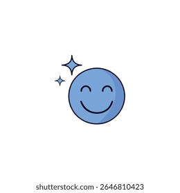 A minimalist icon of a smiling blue face with sparkling stars, symbolizing happiness, optimism, joy, and positive emotions.