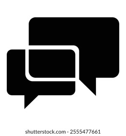 Minimalist icon, speech bubbles, communication symbol, black and white, simple geometric shapes, overlapping chat boxes, conversation pictogram, clean design, social media icon, messaging app logo, di