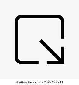 Minimalist icon of a square with an arrow pointing outward. Simple square design with arrow. Clean, geometric square and arrow symbol. Black square and arrow. User interface icon vector.