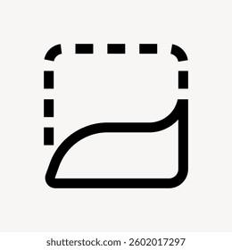 Minimalist icon of a square with a curved corner. The square features a dashed outline and a bold curved corner, symbolizing design and creativity. User interface icon vector.
