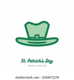 Minimalist icon for st. Patrick's day. Flat icon with green leprechaun hat, cylinder hat for logo, sign, button. Light clear style for st Patrick's day menu, flyer, poster with leprechaun hat.