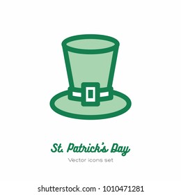 Minimalist icon for st. Patrick's day. Flat icon with green leprechaun hat, cylinder hat for logo, sign, button. Light clear style for st Patrick's day menu, flyer, poster with leprechaun hat.