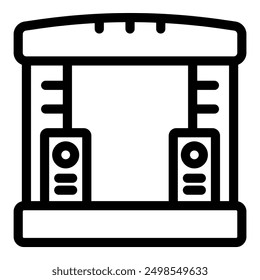 Icono minimalista de un podio escénico con un sistema de sonido y aparejo de iluminación para un festival al aire libre