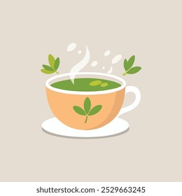A minimalist icon of a steaming herbal tea cup surrounded by chamomile and mint leaves. Set on a neutral background, this clean design is perfect for infographics and wellness themes