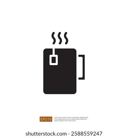 Minimalist Icon of a Steaming Mug Representing Hot Coffee with a Tea Bag in Black and White Design, Symbolizing Morning Rituals and Cozy Moments