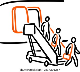 Minimalist icon of stick figure passengers disembarking an airplane via mobile airstairs with carry-on bags in black and orange hand-drawn line art on a white background