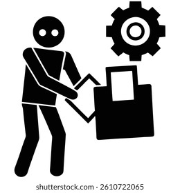 Minimalist icon, stick figure using computer, black and white design, technical support symbol, gear icon, simple graphic, user interface concept, IT assistance pictogram,