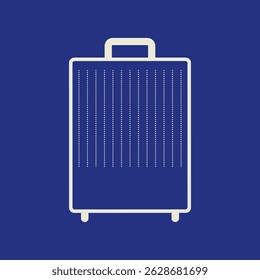 Ícone minimalista de uma mala sobre um fundo azul. A mala é branca com linhas verticais, representando viagens e bagagem. Design de mala simples. Vetor de ilustração de viagem.