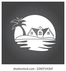 Minimalist icon sunset beach house logo design template