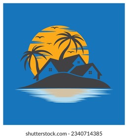 Minimalist icon sunset beach house logo design template