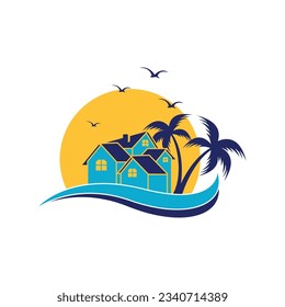 Minimalist icon sunset beach house logo design template