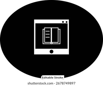 Um ícone minimalista de um tablet exibindo um livro aberto. Ideal para aplicativos de leitura eletrônica, bibliotecas on-line, educação digital e sites relacionados a livros.
