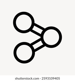 Minimalist icon of three connected circles, resembling a share symbol. Simple, geometric design with bold lines. Represents connection, sharing, and links. User interface icon vector.