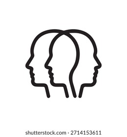Ícone minimalista de três perfis de cabeça humana sobrepostos simbolizando perspectivas diversas dinâmica de grupo de colaboração e ideias compartilhadas Ideal para vários conceitos