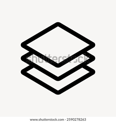 Minimalist icon of three stacked layers. Simple design with three layers. Black lines form three layers. Perfect for design, tech, or app interfaces. User interface icon vector.
