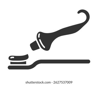 Minimalist icon of a toothpaste tube applying paste to a toothbrush. Symbolizes dental hygiene, oral care, health. Ideal for wellness content, apps,  educational material.