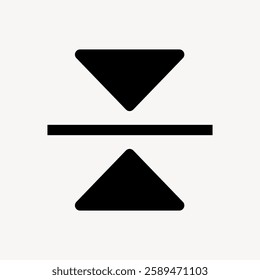 Minimalist icon with two black triangles, one pointing up and one down, separated by a horizontal line. Simple geometric design with triangles and line. User interface icon vector.