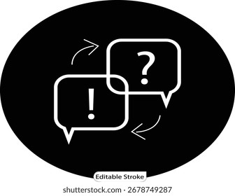 Ein minimalistisches Symbol aus zwei Chatblasen mit einem Fragezeichen und einem Ausrufezeichen, die durch Pfeile verbunden sind. Ideal für FAQs, Kundenservice und Feedback-Loops.
