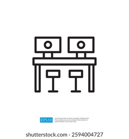 Minimalist Icon Of Two Computer Monitors On A Desk With Stools In An Office Setting