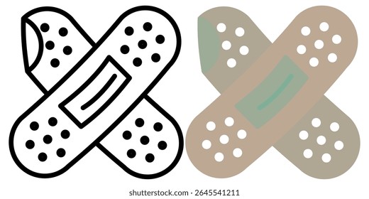 Ícone minimalista de duas ataduras adesivas cruzadas em preto e estilos coloridos — ideal para temas de cura, assistência médica, primeiros socorros ou conceitos de design de saúde.