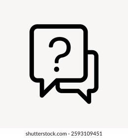 Minimalist icon of two overlapping speech bubbles, one with a question mark. Black and white design. Represents communication, questions, and dialogue. User interface icon vector.