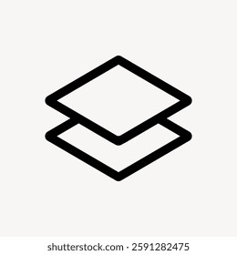 Minimalist icon of two overlapping squares, symbolizing layers or stacking. Simple design, black lines on white background, representing layers or stacking. User interface icon vector.