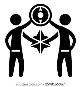 Minimalist icon, two stylized human figures, compass symbol, star shape, black and white graphic, 