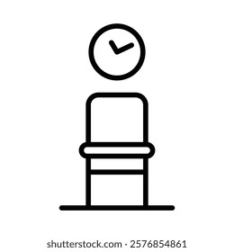 Minimalist icon of a waiting room chair with a clock. Editable stroke.