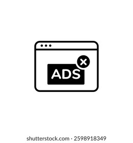minimalist icon of a web browser window with an ad and a cross symbol for closing or removal.