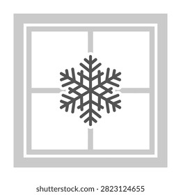 Minimalist icon of a window pane with a snowflake symbol representing cold weather, winter season, frost, or air conditioning cooling concept.