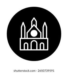 Minimalist iconic cathedral illustration representing architectural design and historical significance within a circular black background design element