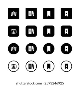 Minimalist icons, black and white, book-related symbols, stacked papers icon, bookshelf icon, bookmark icon, starred bookmark icon, square design, circular design, rounded square design, high contrast