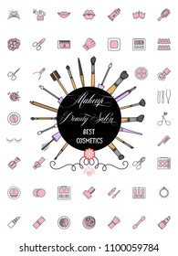 Minimalist icons cosmetics tools, Line art style, makeup brush beauty salon.