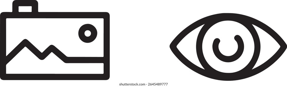 Ícones minimalistas retratando a fotografia e as metáforas da visão Representação gráfica inteligente para projetos criativos e propósitos de design